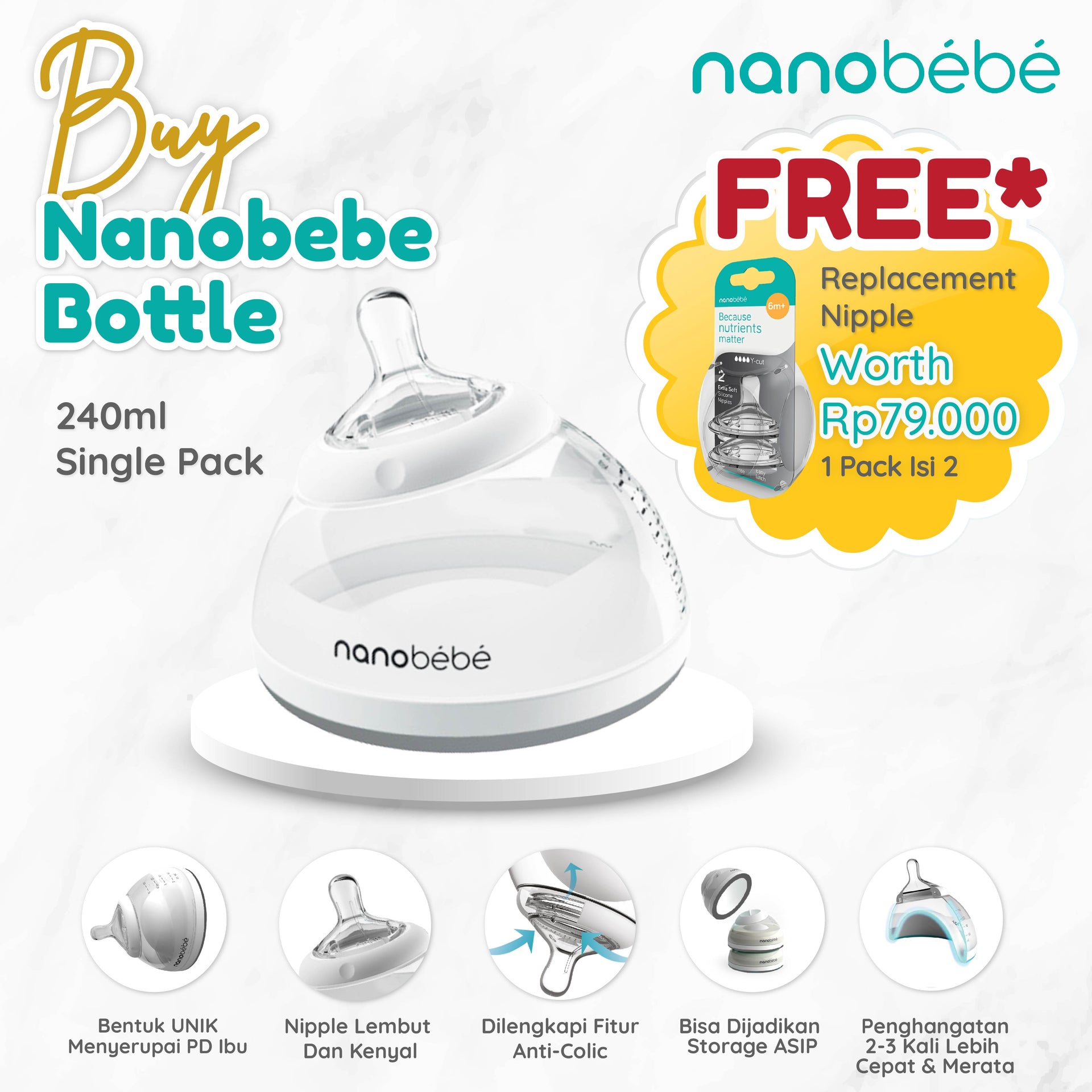 Nanobebe Botol Susu Bayi Anti Kolik -  240ml
