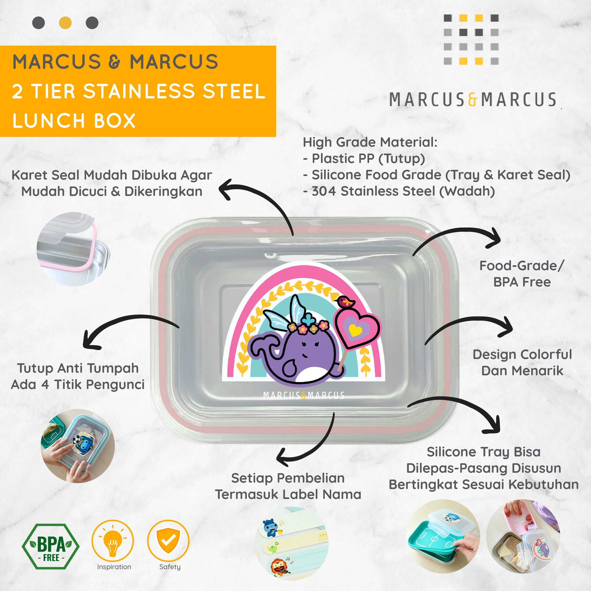 Marcus & Marcus 2 Tier Stainless Steel Lunch Box – Kotak Makan Anak Dua Tingkat Stainless Steel 304 | BPA FREE