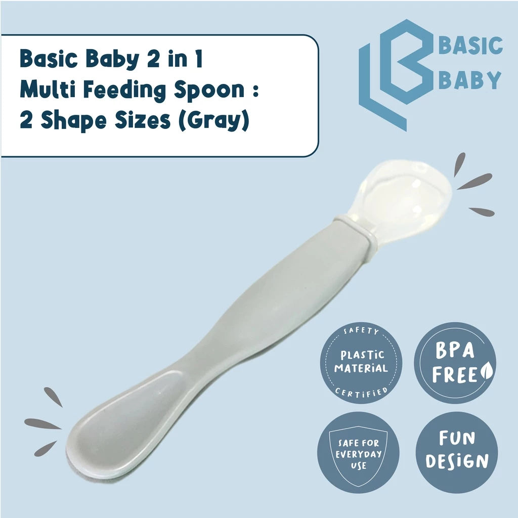 Basic Baby 2 in 1 Multi Feeding Spoon : 2 Shape Sizes - Gray - Sendok Makan Bayi MPASI Silikon