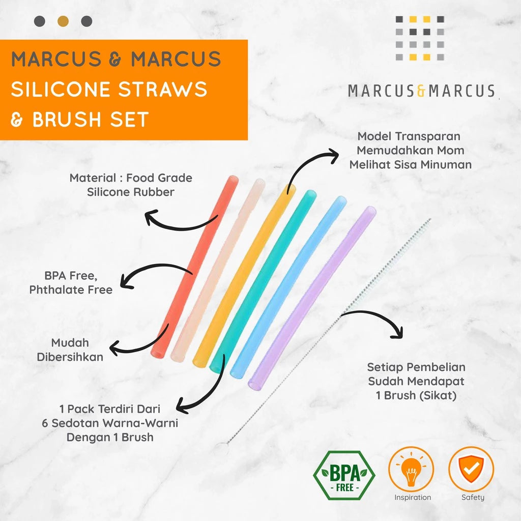 [6 PCS FREE BRUSH] Marcus & Marcus Silicone Straw & Brush Set – Sedotan Silikon Anak Transparan | BPA FREE