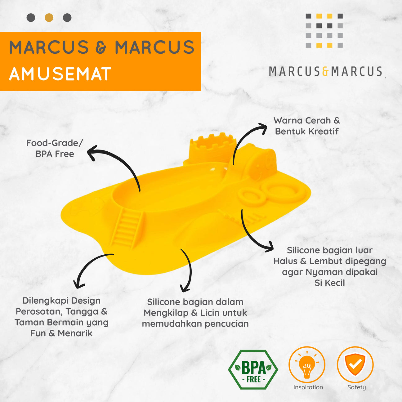 Marcus & Marcus Amusemat - Piring Karakter Anak Bayi Makan MPASI Sekat Dua Silikon | BPA FREE