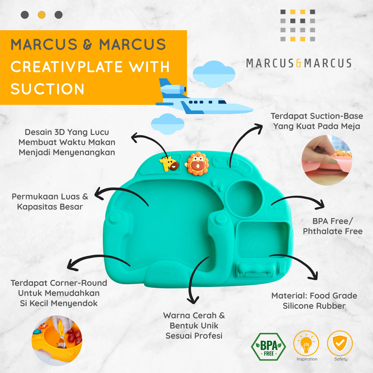 Marcus & Marcus Creativplate With Suction - Piring Karakter Anak Bayi Sekat Makan MPASI Suction Silikon Sekat Tiga Anti Tumpah | BPA FREE