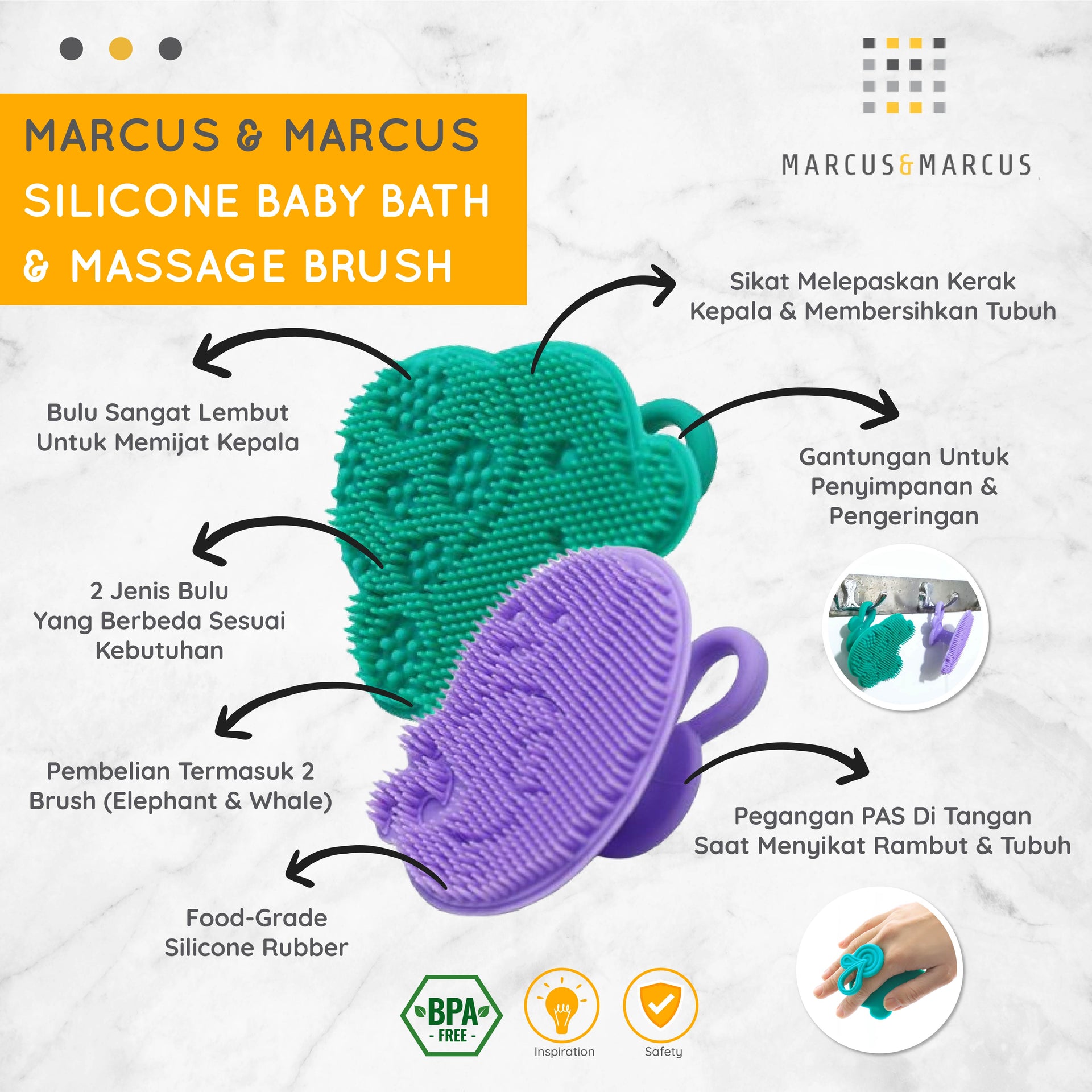 [2 PCS] Marcus & Marcus Silicone Baby Bath & Massage Brush - Sikat Mandi Badan Kerak Kepala Anak Silikon Halus | BPA FREE