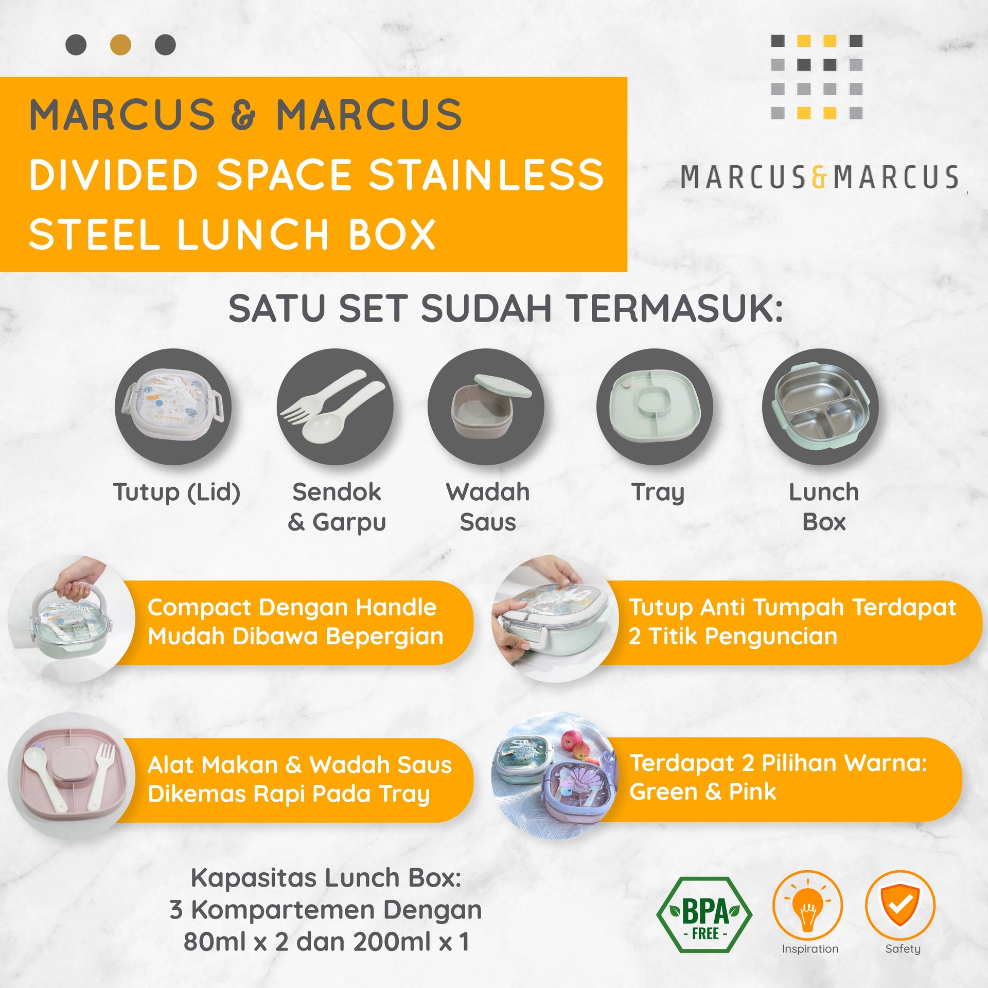 Marcus & Marcus Divided Space Stainless Steel Lunch Box – Kotak Makan Anak Sekolah Traveling Stainless Steel 304 | BPA FREE