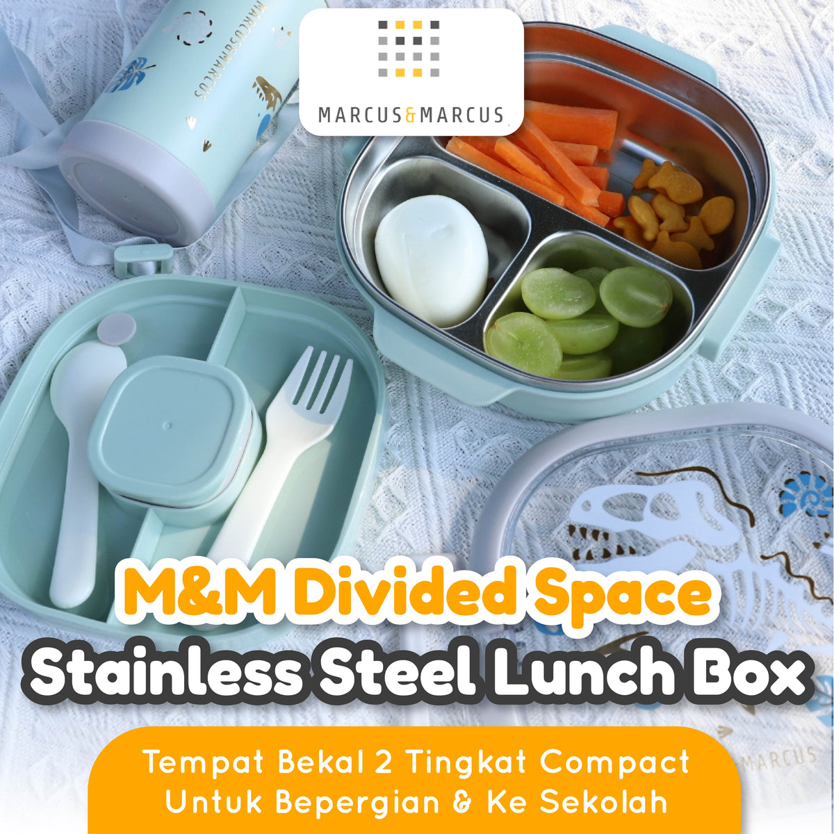 Marcus & Marcus Divided Space Stainless Steel Lunch Box – Kotak Makan Anak Sekolah Traveling Stainless Steel 304 | BPA FREE