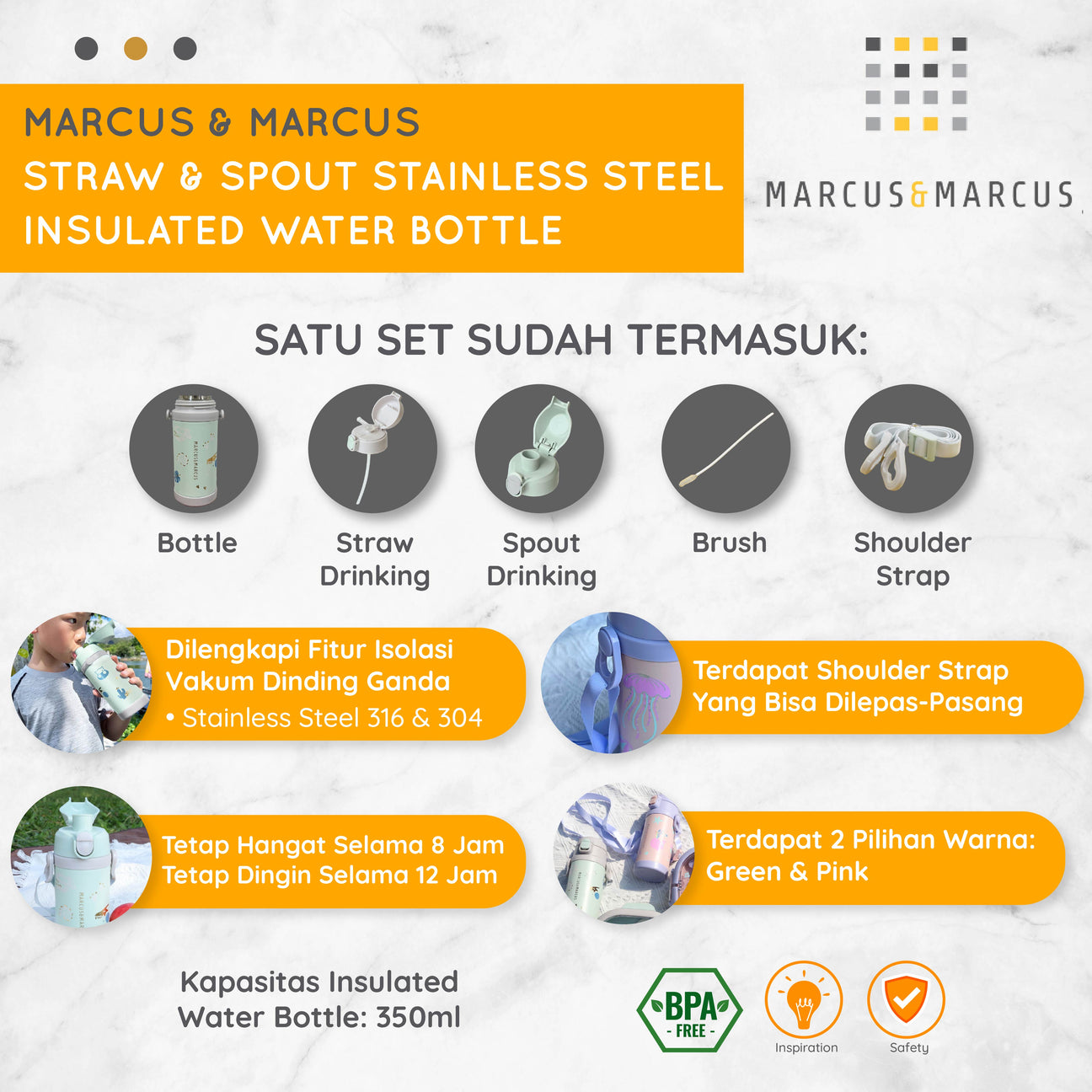 Marcus & Marcus Straw & Spout Stainless Steel Insulated Water Bottle – Tempat Minum Anak Sekolah Stainless Steel 316 | BPA FREE