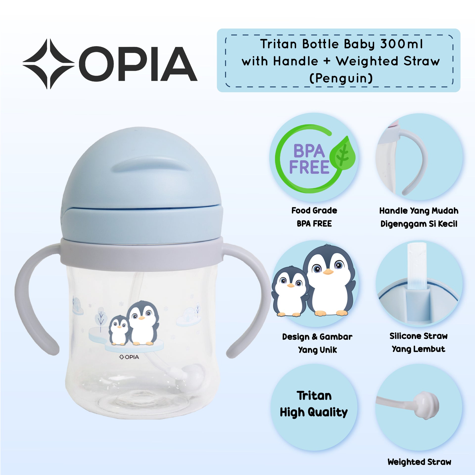 Opia Tritan Baby 300ml (Penguin) – Botol Minum Bayi Anti Sedak Sekolah MPASI Weighted Straw
