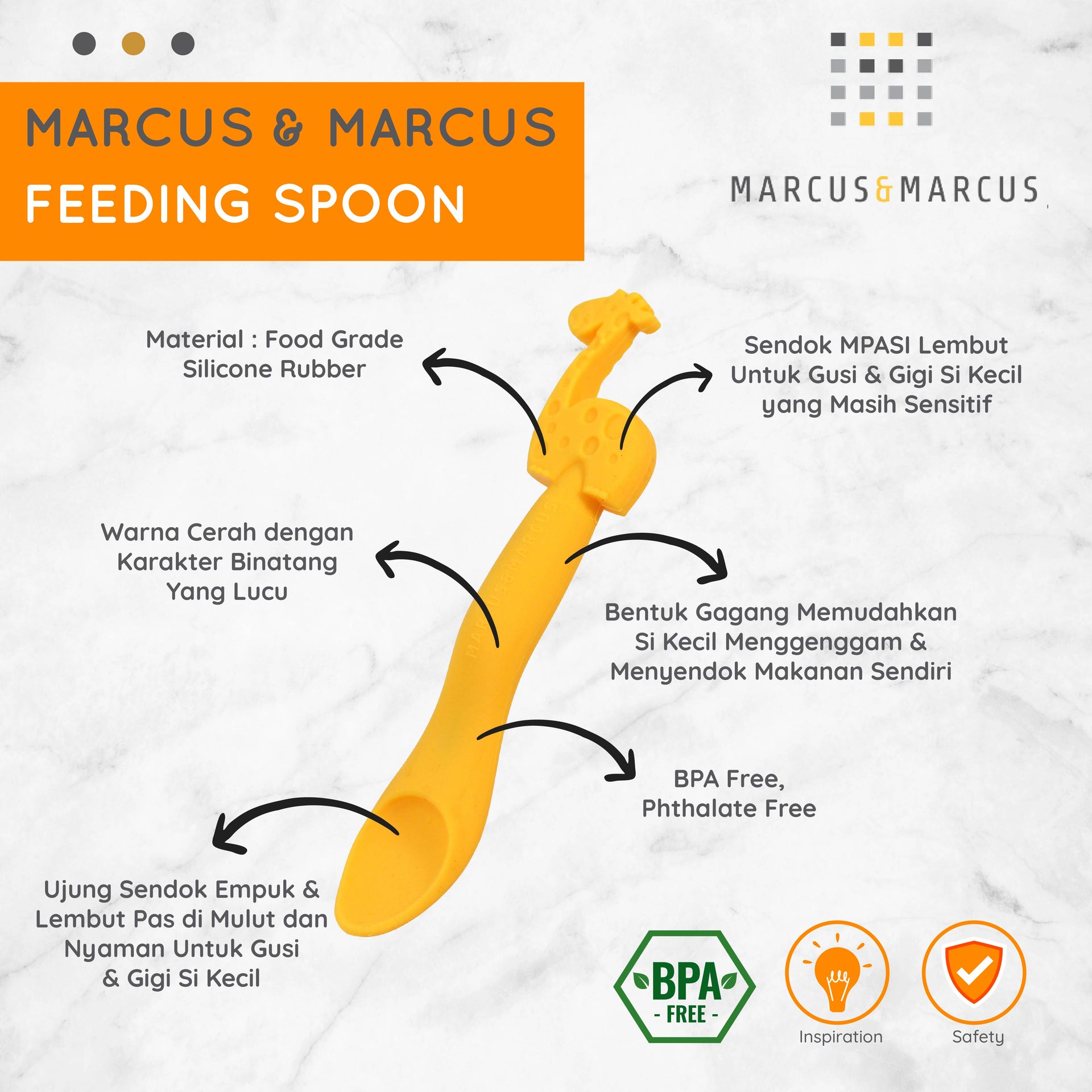 Marcus & Marcus Feeding Spoon - Sendok Anak Bayi Makan MPASI Silikon (6 Bulan) | BPA FREE