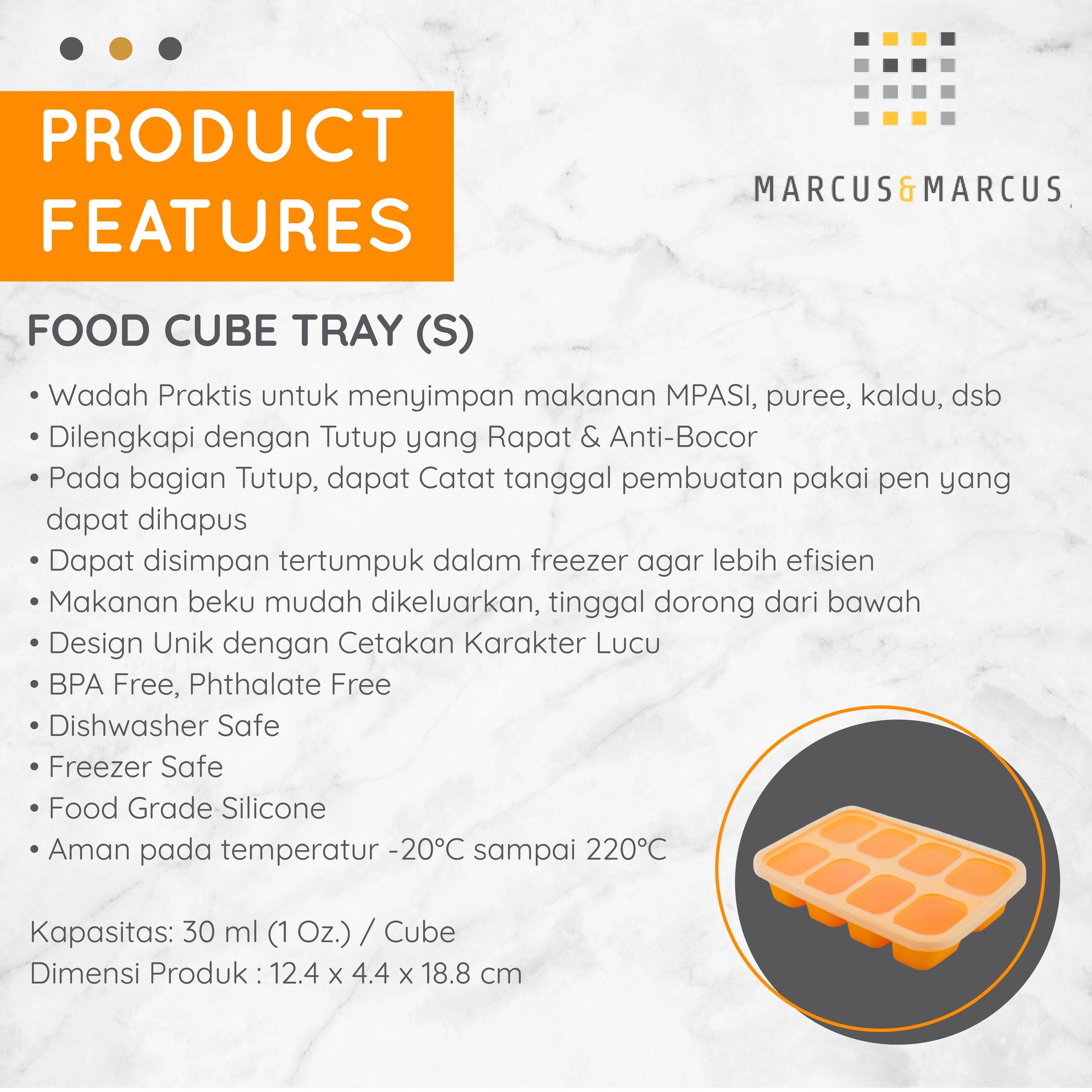 Marcus & Marcus Food Cube Tray – Cetakan Makanan MPASI Puree Es Batu Silikon Food Container | BPA FREE