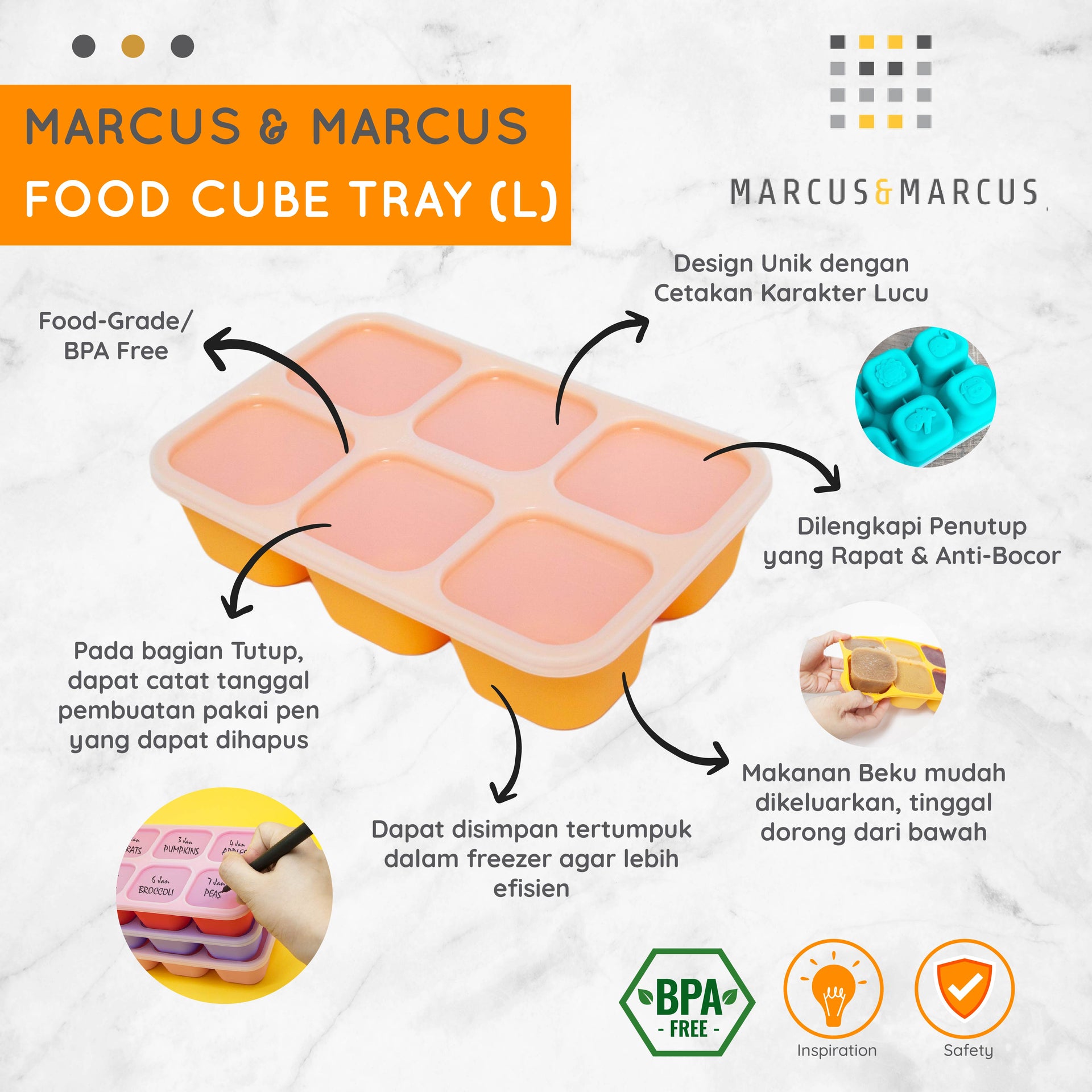 Marcus & Marcus Food Cube Tray – Cetakan Makanan MPASI Puree Es Batu Silikon Food Container | BPA FREE