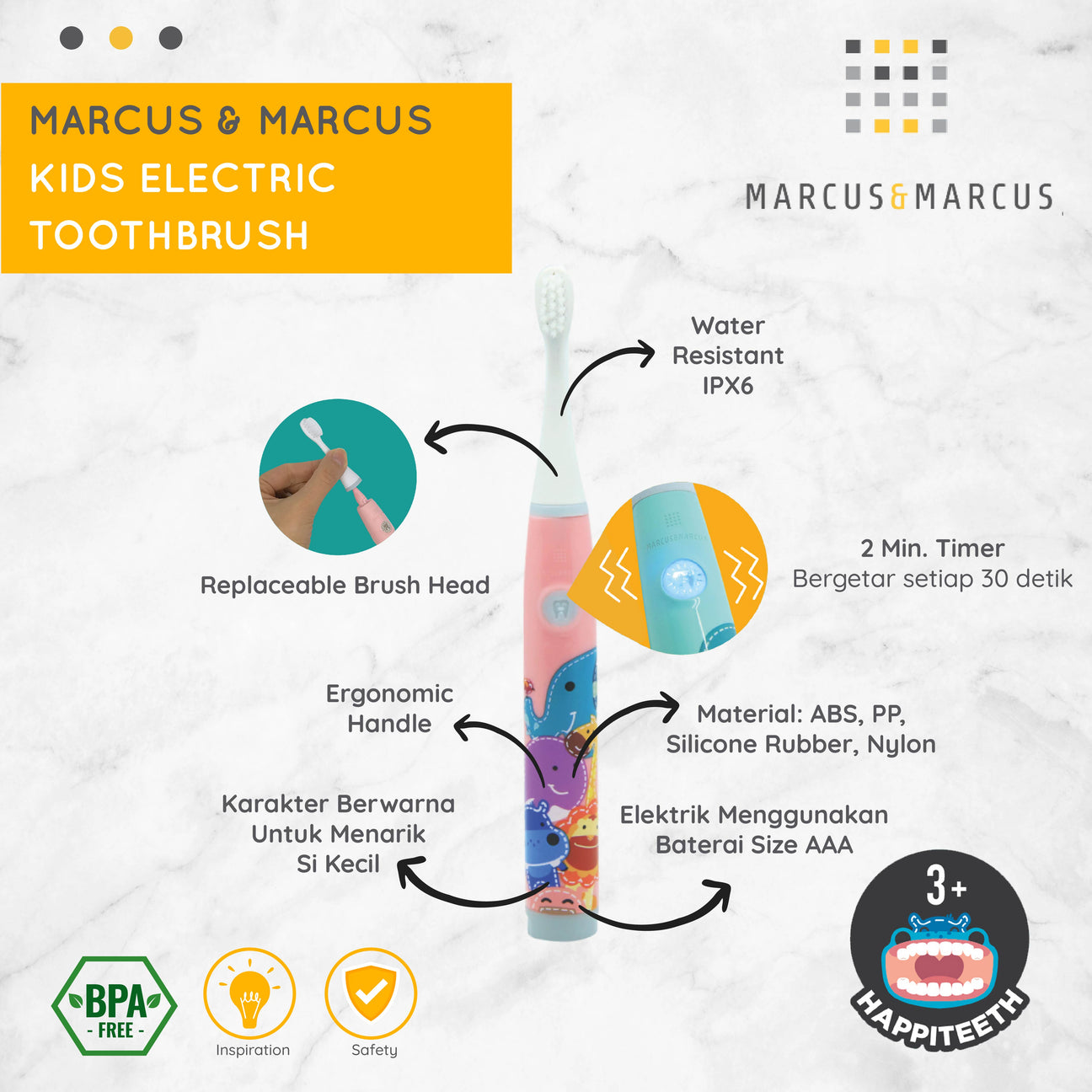 Marcus & Marcus Kids Electric Toothbrush - Sikat Gigi Anak Elektrik (3 Tahun) | BPA FREE