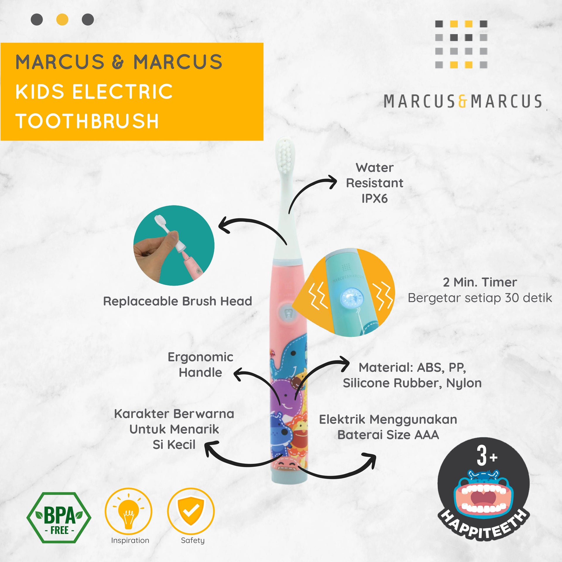 Marcus & Marcus Kids Electric Toothbrush - Sikat Gigi Anak Elektrik (3 Tahun) | BPA FREE