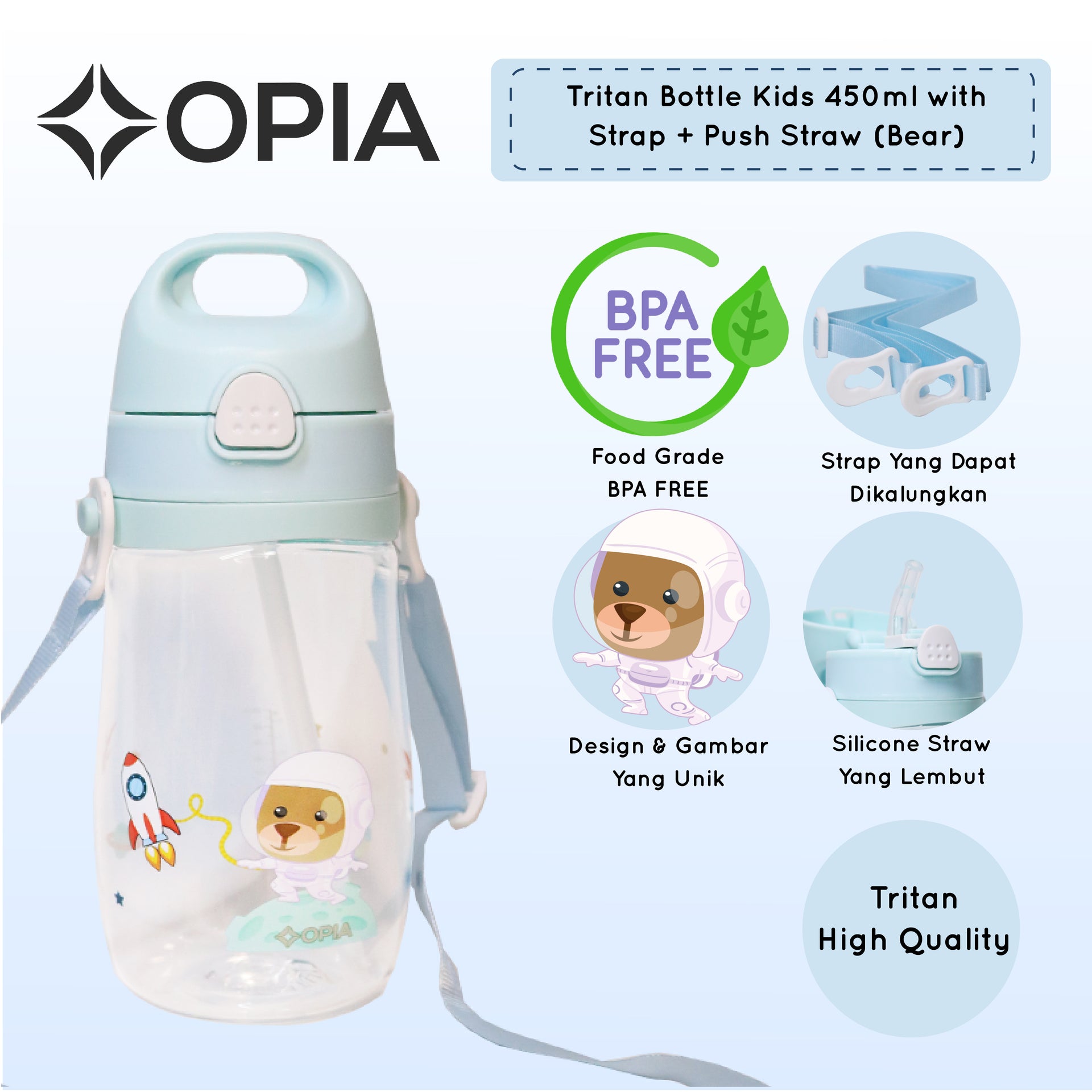 OPIA Tritan Bottle Kids 450ml (Unicorn) – Botol Minum Gantung Anak Sekolah MPASI Sedotan Silicone Tali Strap