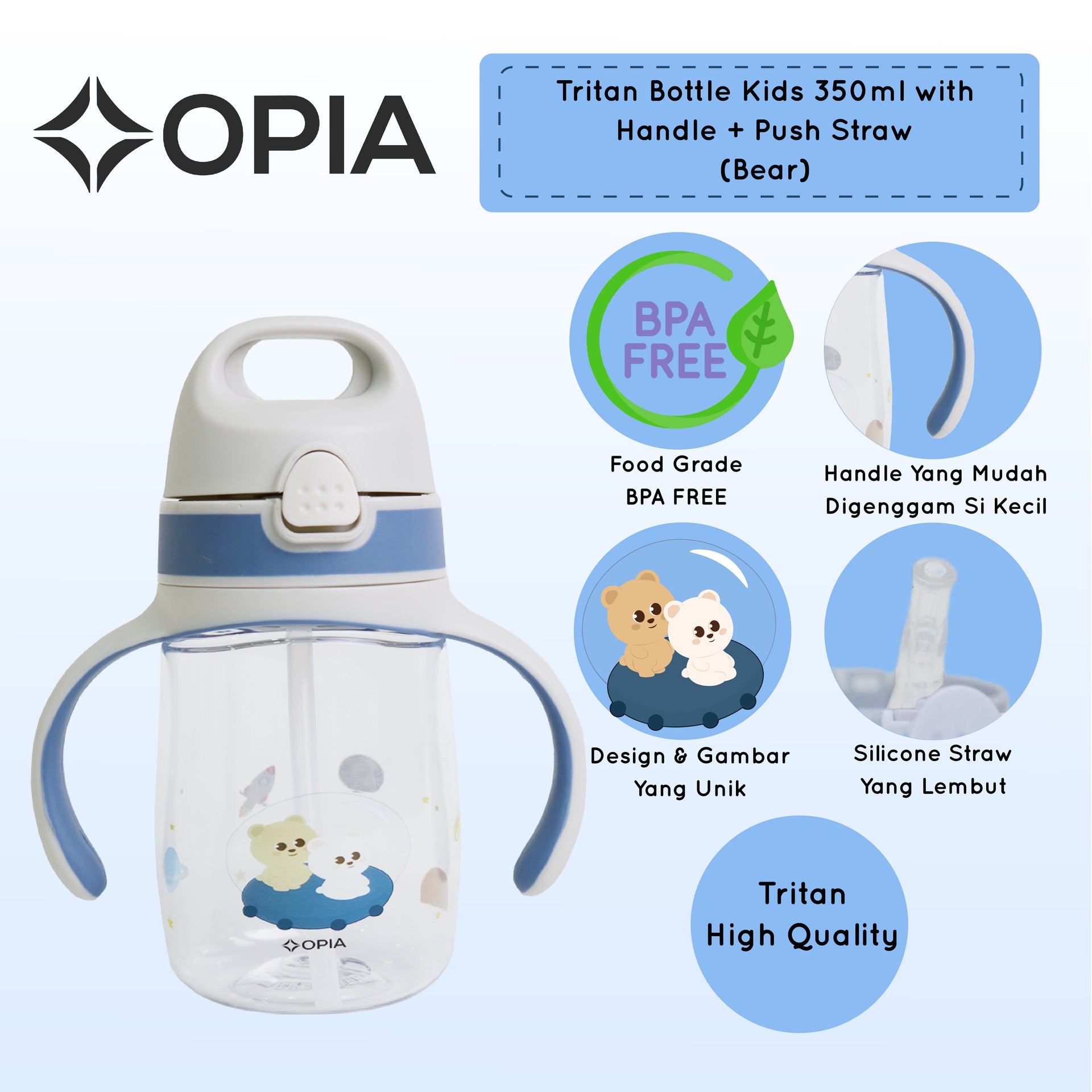 OPIA Tritan Bottle Kids 350ml – Botol Minum Anak Sekolah MPASI Sedotan Silicone