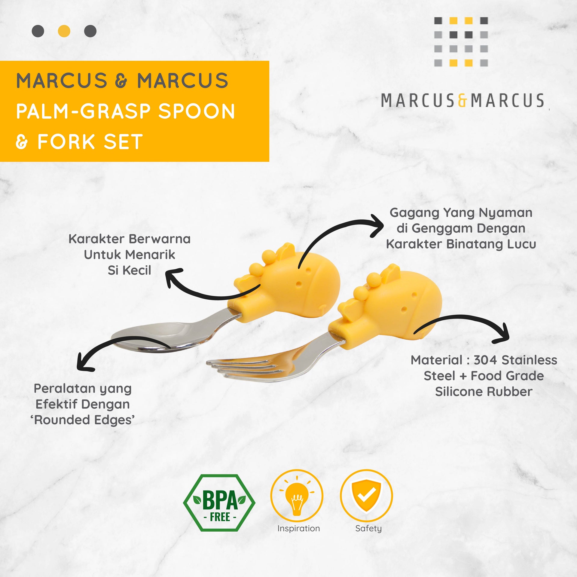 Marcus & Marcus Palm Grasp Spoon & Fork Set - Sendok Garpu Set Makan Anak Balita MPASI (1.5 Tahun) | BPA FREE