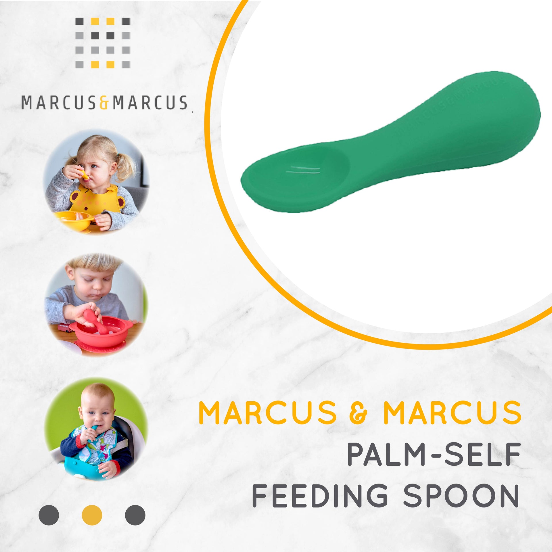 Marcus & Marcus Palm Grasp Self Feeding Spoon - Sendok Anak Bayi Makan MPASI Silikon (1 Tahun) | BPA FREE