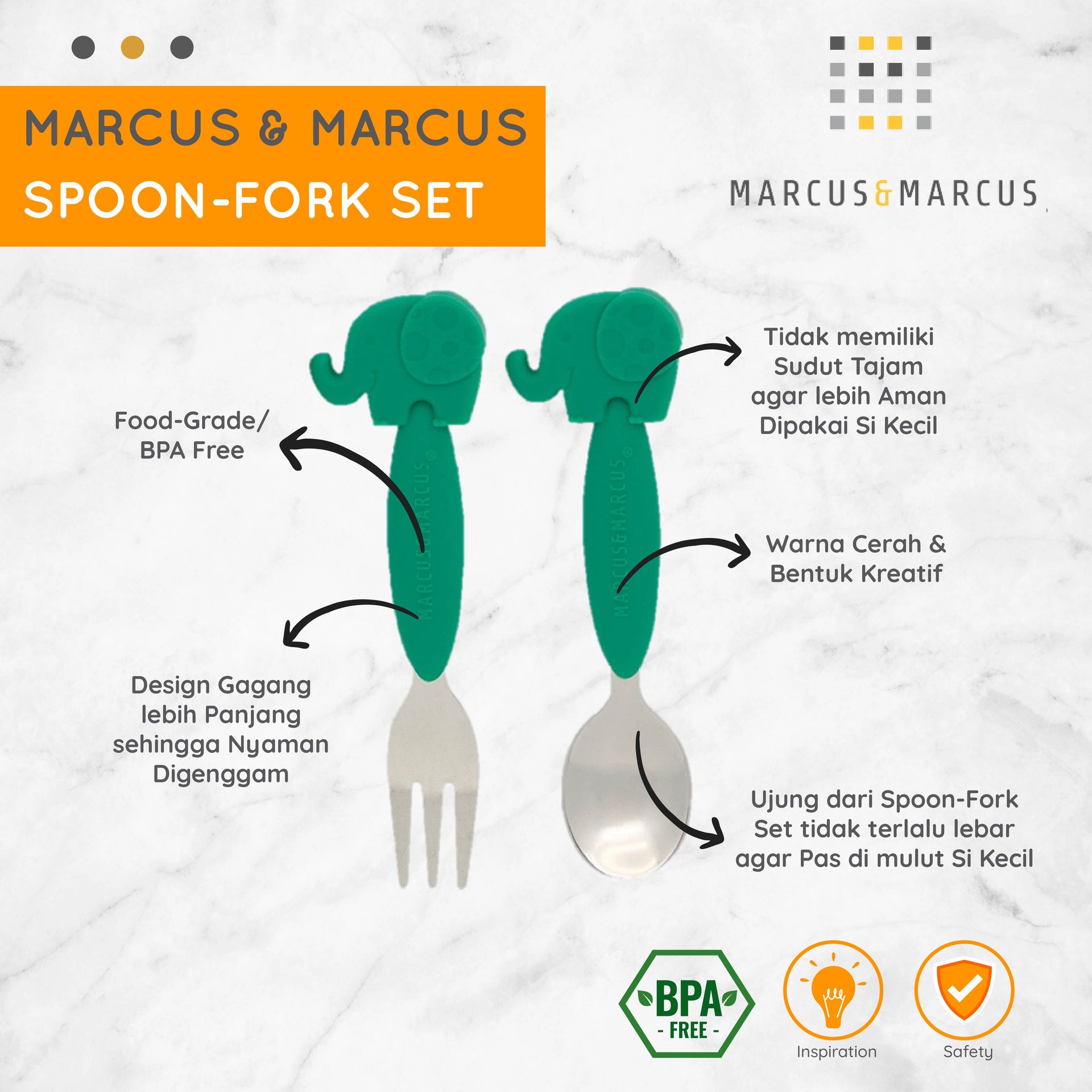 Marcus & Marcus Spoon & Fork Set - Sendok Garpu Set Anak Balita Makan MPASI (3+ Tahun) | BPA FREE