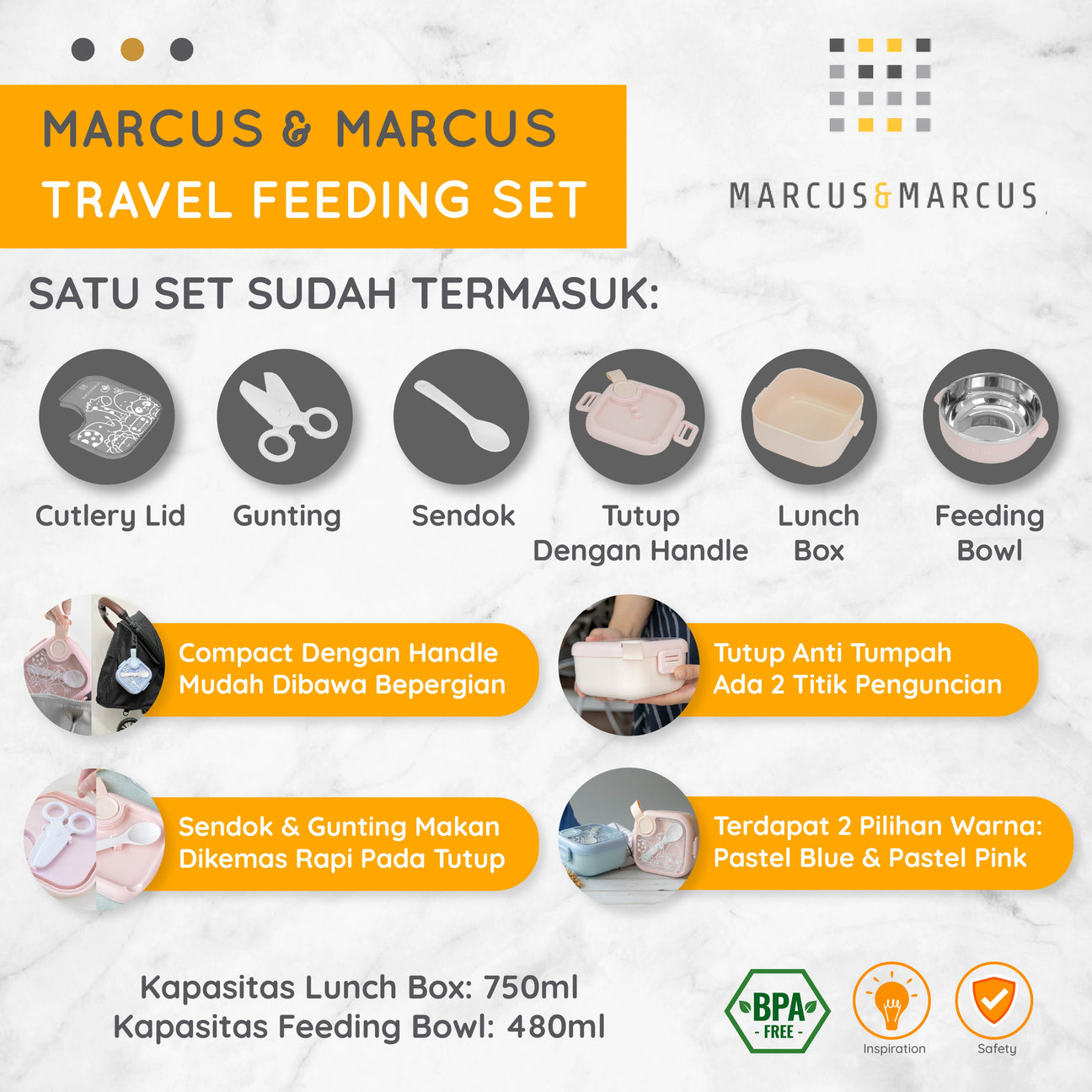 Marcus & Marcus Travel Feeding Set Lunch Box – Kotak Makan Anak Sekolah Traveling PP Stainless Steel 304 | BPA FREE
