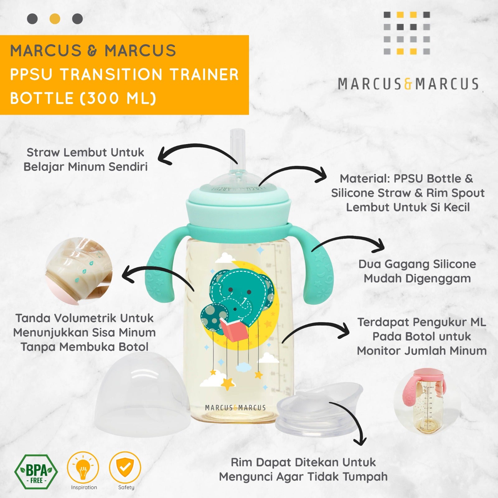 Marcus & Marcus PPSU Transition Trainer Bottle Straw & Rim Spout Set 300ml - Botol Minum Anak Anti Sedak PPSU Sedotan | BPA FREE