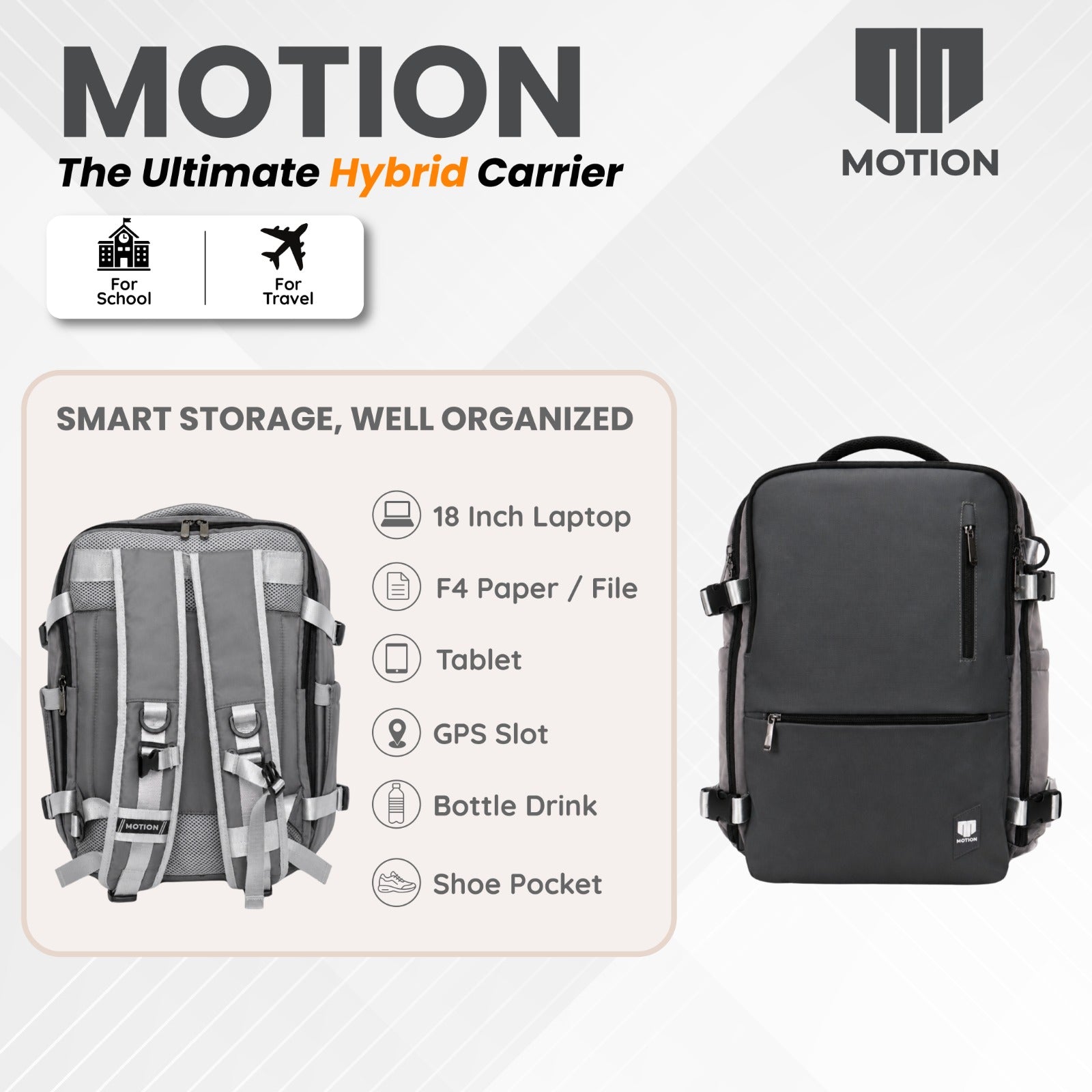 MOTION Tas Sekolah Kerja Ransel Anak ALPHA : 2 in 1 | Backpack, Sling Bag & Troli 4 Roda