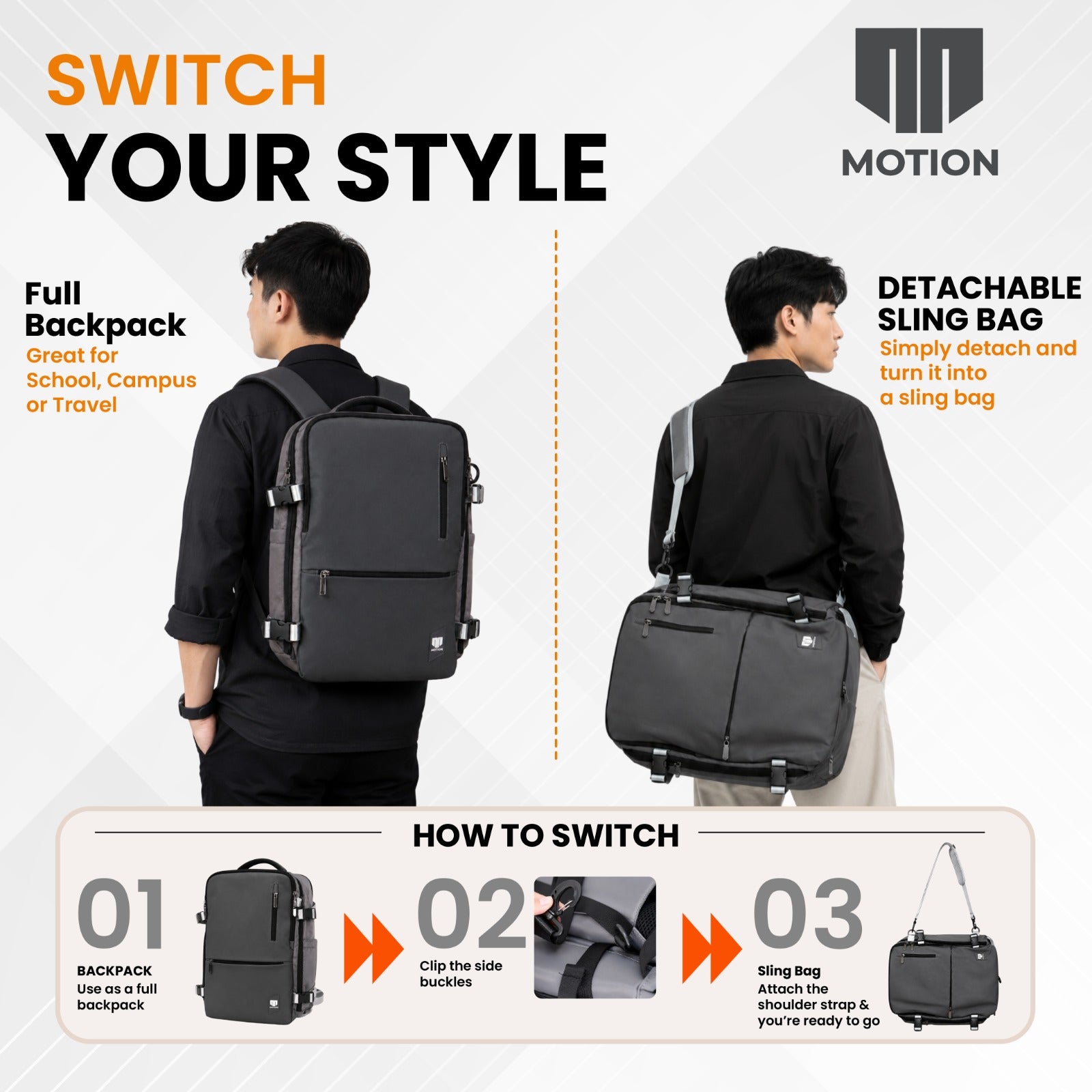 MOTION Tas Sekolah Kerja Ransel Anak ALPHA : 2 in 1 | Backpack, Sling Bag & Troli 4 Roda