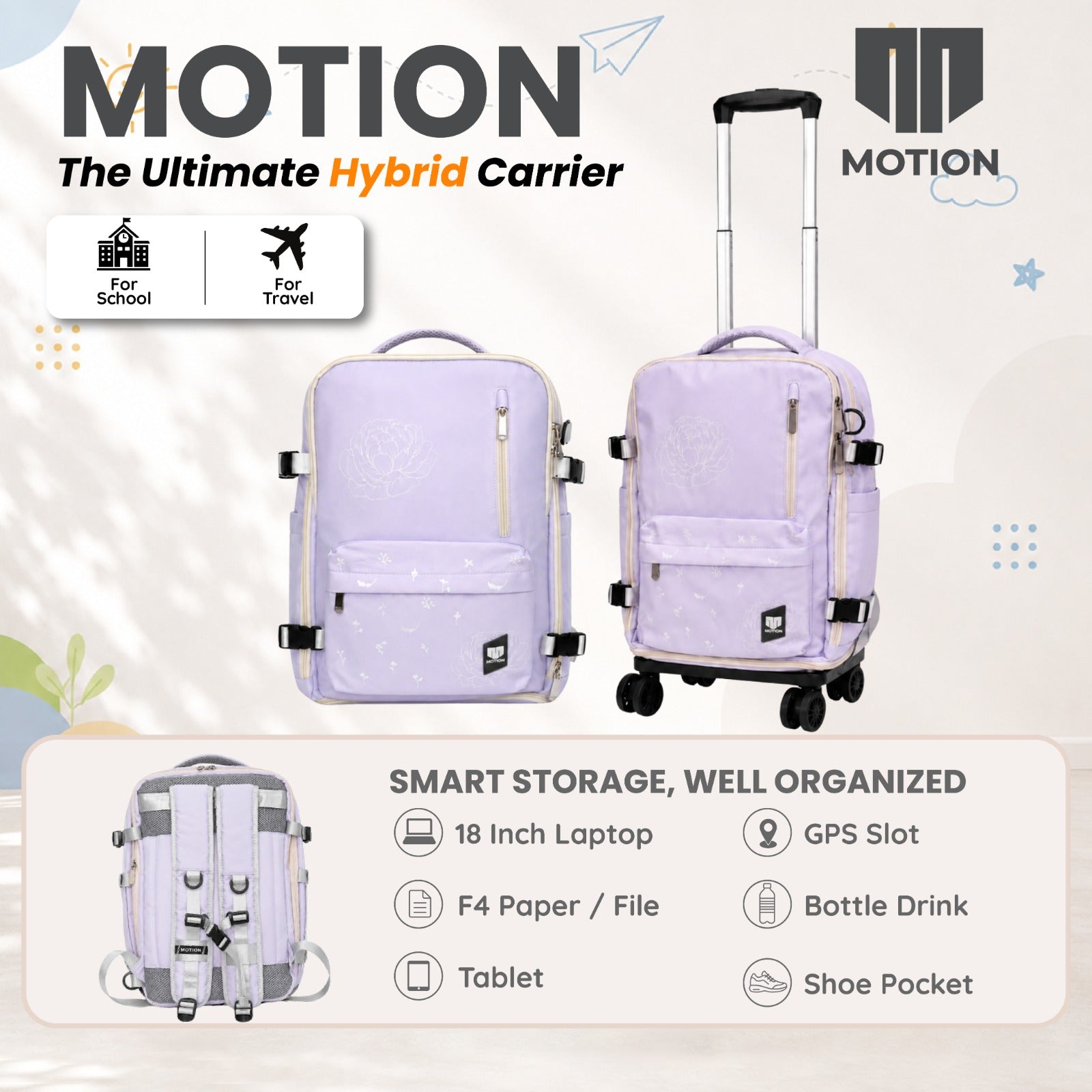MOTION Tas Sekolah Troli Trolley Ransel Anak WALK WITH YOU : 3 in 1 | Backpack, Sling Bag & Troli 4 Roda