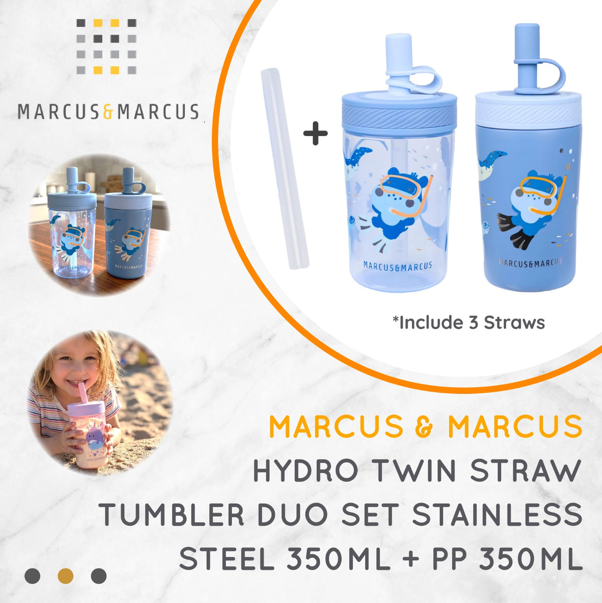 Marcus & Marcus Hydro Twin Straw Tumbler Duo Set Stainless Steel 350ml + PP 350ml – Dua Tumbler Botol Minum Anak Sekolah Anti Tumpah