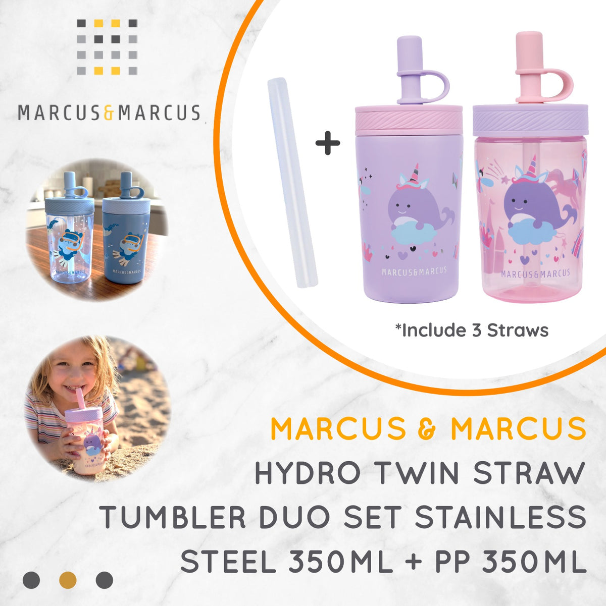 Marcus & Marcus Hydro Twin Straw Tumbler Duo Set Stainless Steel 350ml + PP 350ml – Dua Tumbler Botol Minum Anak Sekolah Anti Tumpah