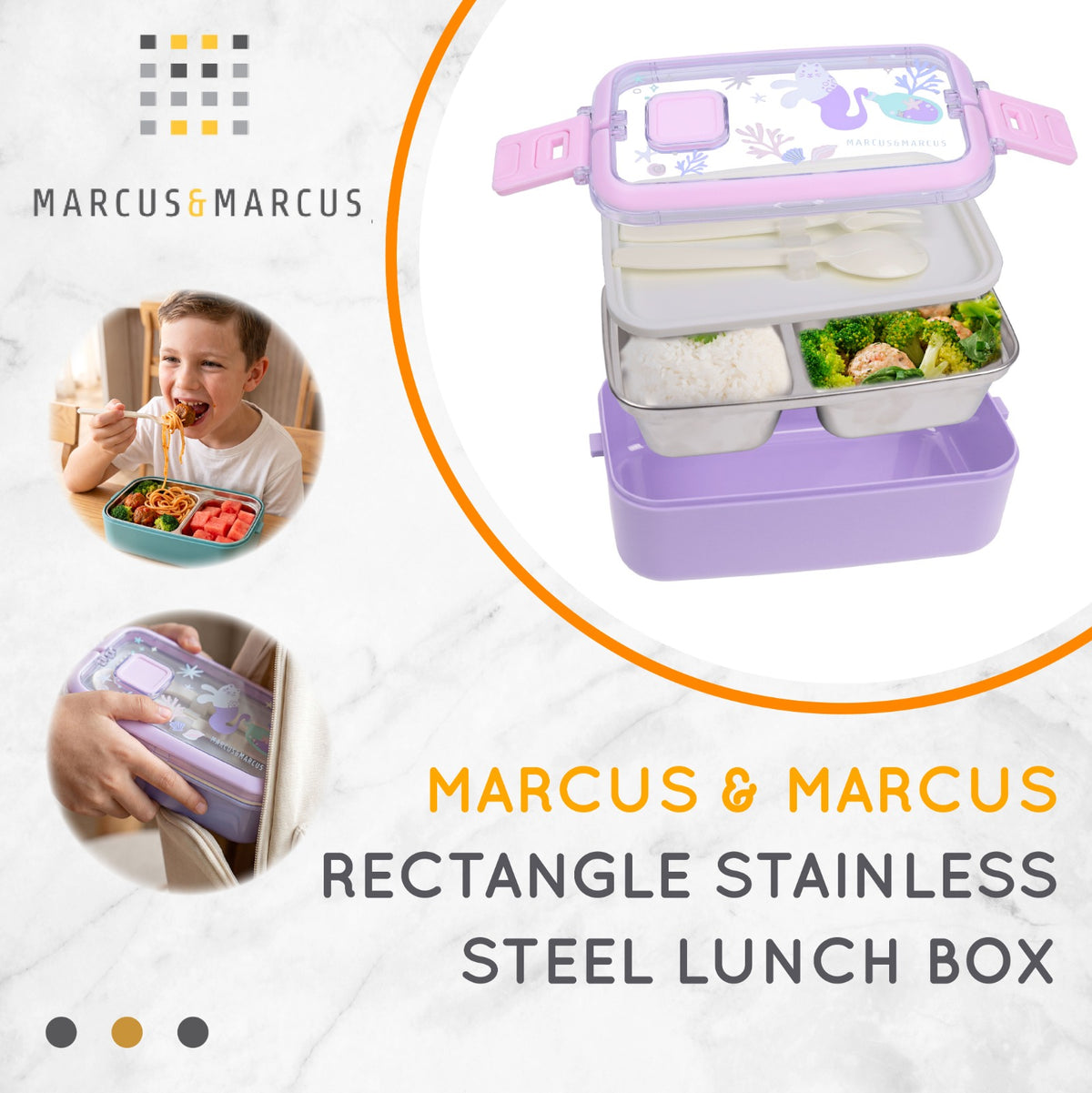 Marcus & Marcus Rectangle Stainless Steel Lunch Box – Kotak Makan Anak Sekolah Traveling Stainless Steel 304 | BPA FREE