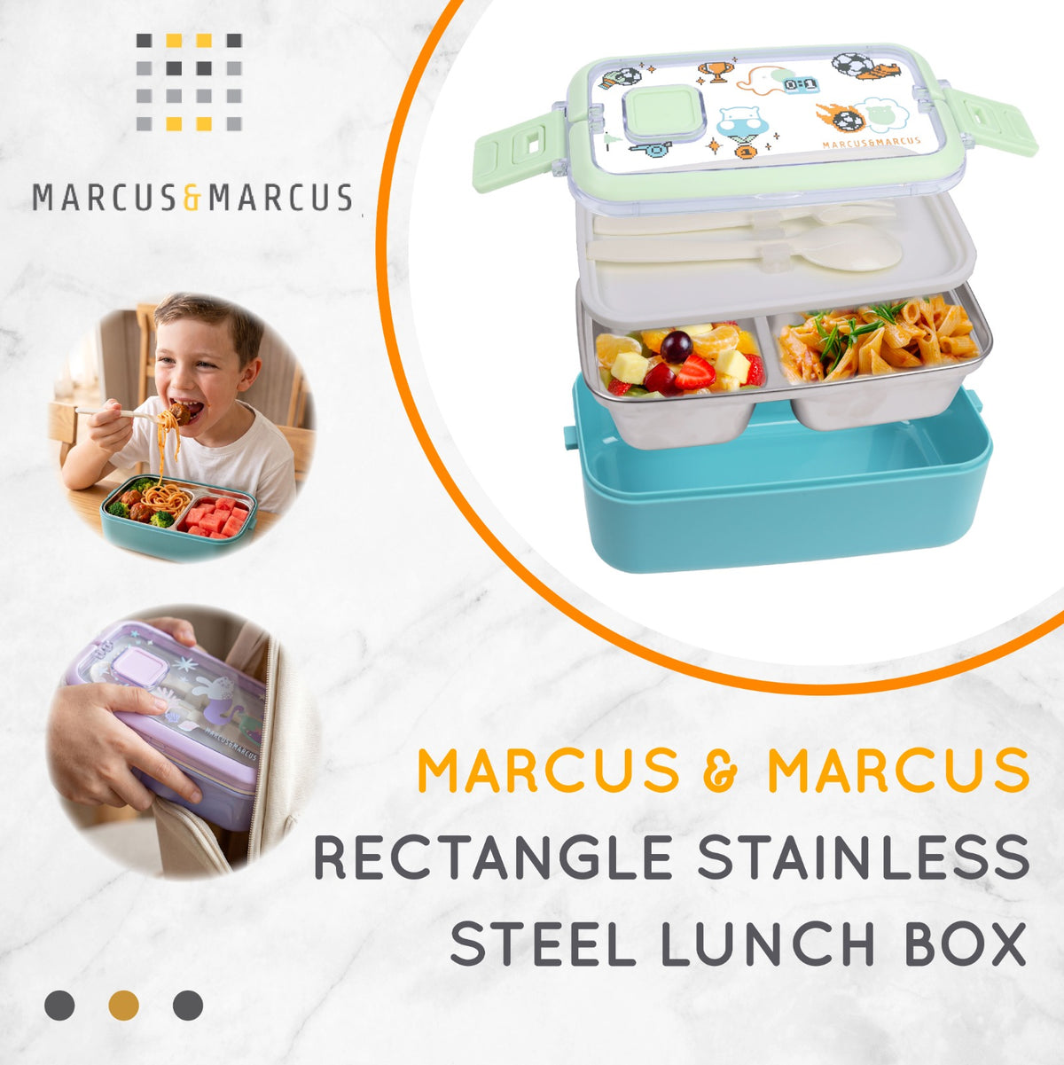Marcus & Marcus Rectangle Stainless Steel Lunch Box – Kotak Makan Anak Sekolah Traveling Stainless Steel 304 | BPA FREE