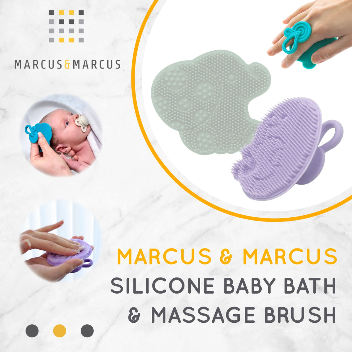 [2 PCS] Marcus & Marcus Silicone Baby Bath & Massage Brush - Sikat Mandi Badan Kerak Kepala Anak Silikon Halus | BPA FREE