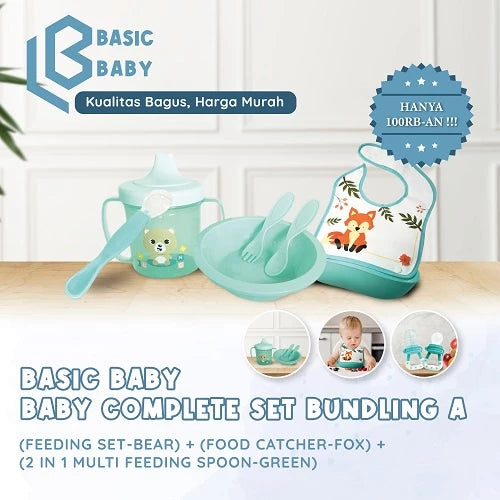 Basic Baby Complete Set Bunding A ( Feeding Set - Bear + Bib & Food Catcher - Fox + 2 in 1 Multi Feeding Spoon - Green )
