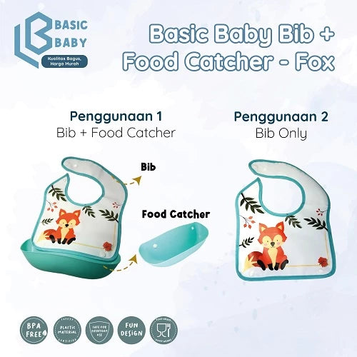 Basic Baby Complete Set Bunding A ( Feeding Set - Bear + Bib & Food Catcher - Fox + 2 in 1 Multi Feeding Spoon - Green )