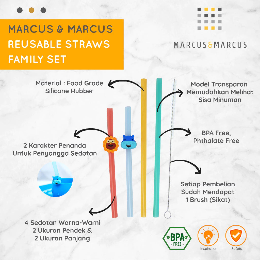 [4 PCS FREE BRUSH] Marcus & Marcus Reusable Straws Family Set – Sedotan Silikon Anak Transparan | BPA FREE