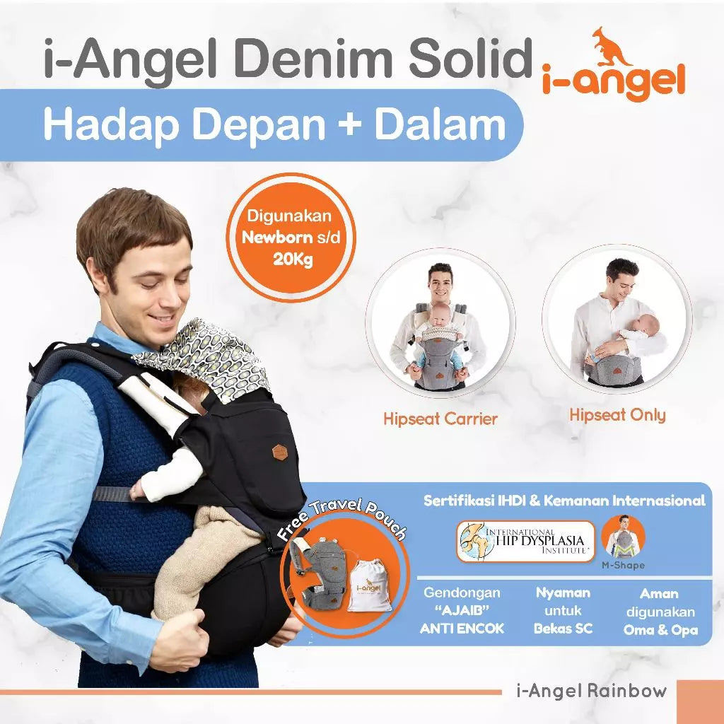i-Angel Denim - Gendongan Bayi M-Shape | Anti Pegal | Hipseat Depan