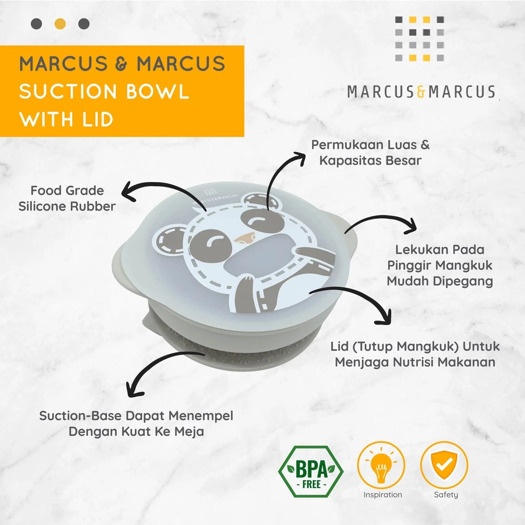 Marcus & Marcus Suction Bowl with Lid - Mangkuk Makan MPASI Anak Bayi Suction Silikon Anti Tumpah | BPA FREE